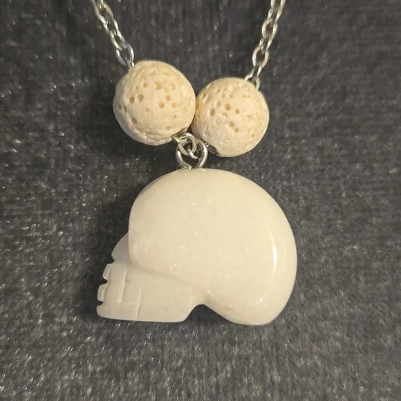 Carved White Jade Skull & Lava Stone Healing & Protection Natural Stone Necklace - Picture 4 of 6